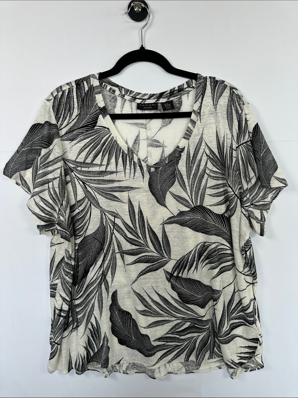 Tahari 100% Linen Tropical Leaf Print Top Cream Black Short Sleeve 3X